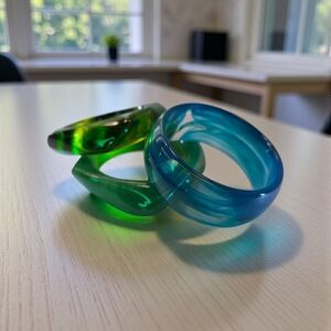 Set of Three Acrylic Bangle Bracelet in Shades of Green and Blue  NWOT